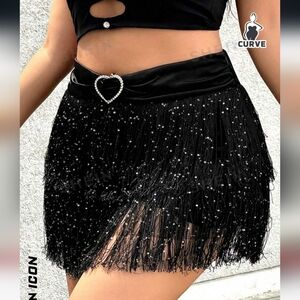 SHEIN ICON Plus Size Fashion Fringe Sequin Skirt For Club & Music Festival